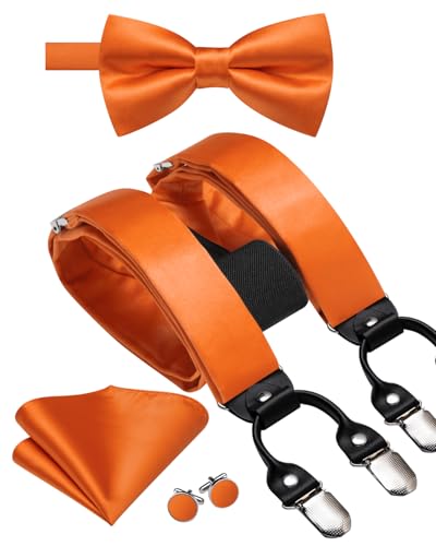 Image of Hi-Tie Men Suspender Bowtie Set Suspenders Pre-tied Bow Tie Pocket Square Cufflinks Adjustable Y Shape 6 Clips Braces Tuxedo