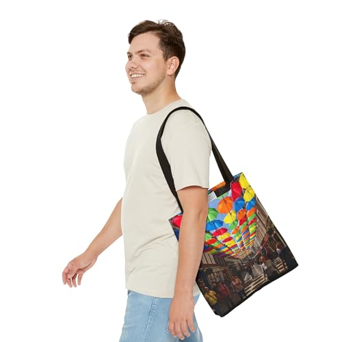 Premium Tote Bag with Reinforced Stitching - Colorful Umbrella Street Design for Adults3