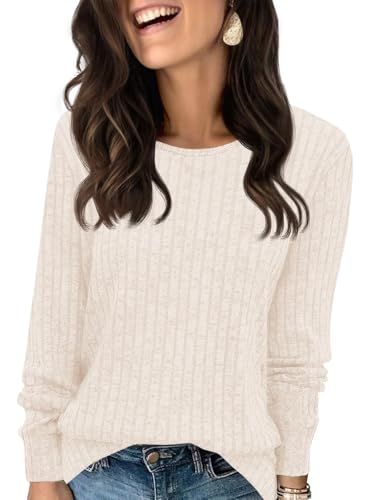 Fisoew Camiseta de Manga Larga para Mujer, Cuello Redondo, Informal, Holgada, Monocolor, Parte Superior, Albaricoque, XS