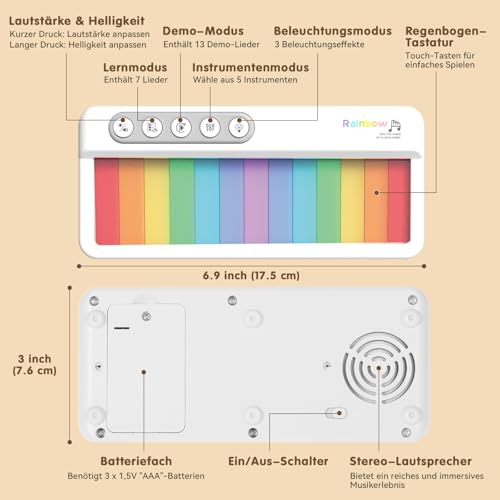 Pup Go Tragbares Elektronisches Klavier-Spielzeug für Kinder ab 2 Jahren, Regenbogen-Touchscreen-Tasten mit buntem Licht, 5 Instrumentenklänge, 13 Demolieder, tragbare Musik-Tastatur für Kleinkinder