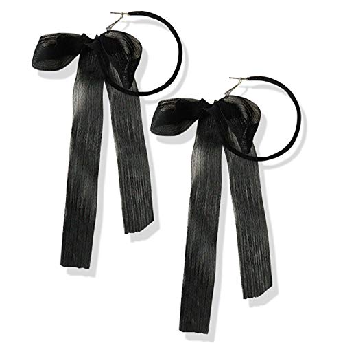 Fashion Lightweight Handmade Black Beaded Hoop Earrings Unique Long Ribbon Bow Tassel Dangle Drop Earrings Jewelry for Women Girls