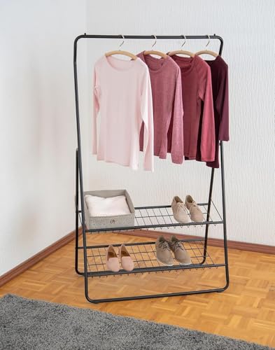 Image of Lukzer Black Coat Hanger Stand with 2 Bottom Shelves - Portable Clothes Garment Rack for Closet, Bedroom, Entryway - Heavy Duty Organizer with Angled Shelf for Home & Shop Display (160x93x47cm) CH-077