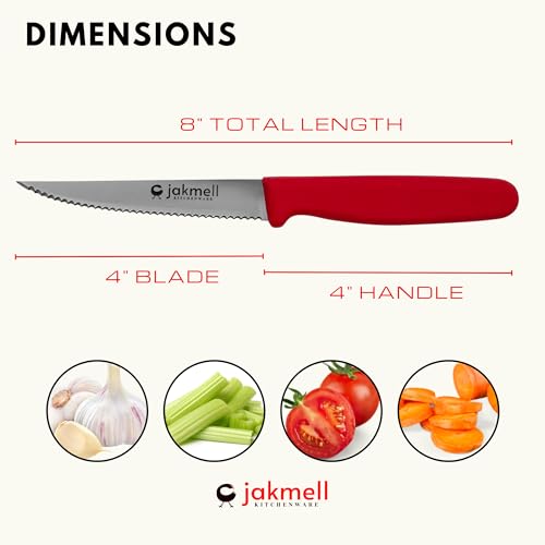 Jakmell Kitchenware 4 Inch Serrated Paring Knife With Red Handle, Stainless Steel Kitchen Knife With Durable Handle, All-Purpose Small Kitchen Utility Knife thumb #3
