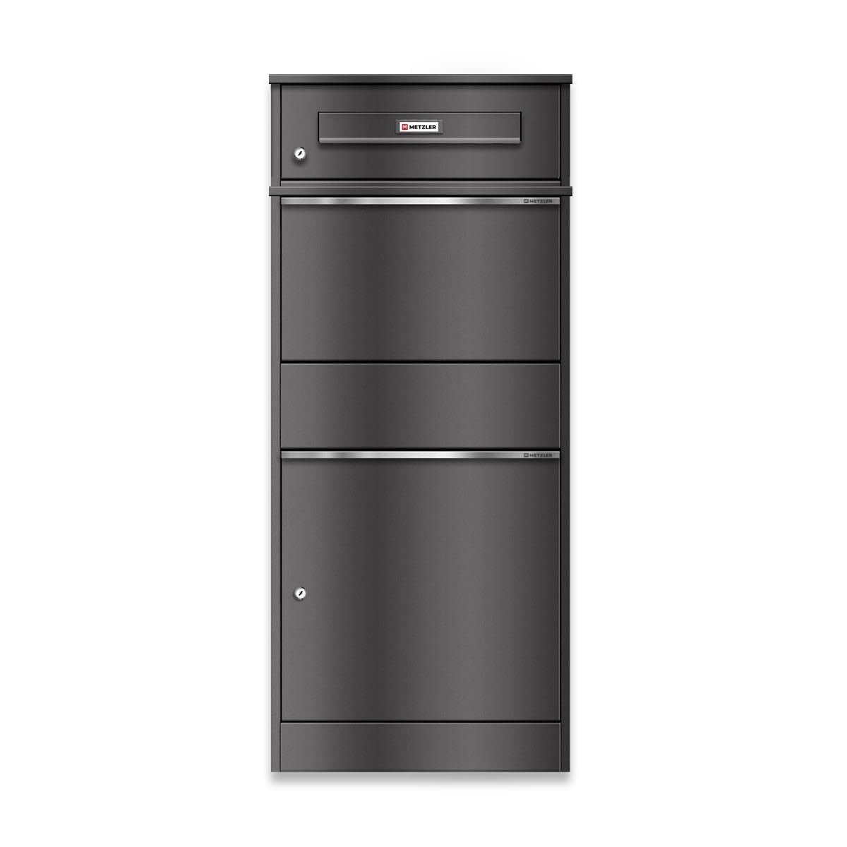 Metzler cassetta postale e box pacchi XXL da esterno acciaio zincato verniciato a polvere grigio micaceo DB 703 con targhetta nome intercambiabile sicura resistente intemperie design moderno