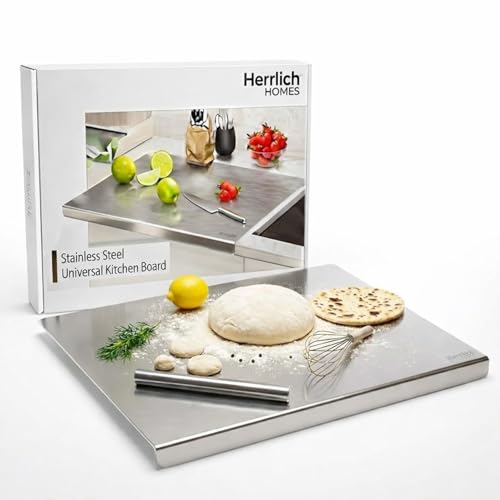 Image of Herrlich Homes Premium 304 Stainless Steel Chopping Board with Lip for Kitchen | 42 x 32 cm | Free Rollin Pin | for Cutting Vegetables, Fruits, Meat | Doughknead Board | Durable | Medium