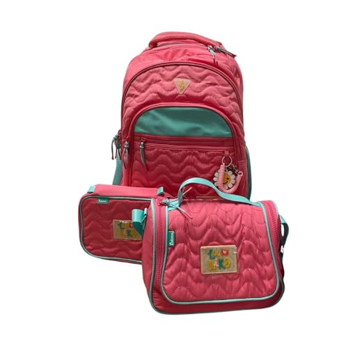 Luluca Kit Mochila Escolar com Lancheira e Estojo, Rosa, Poliéster, 3 Peças, com Rodinha e Alça de Costas, 41 x 31 x 12 cm, para Meninas Escola Passeio Viagem Qualidade