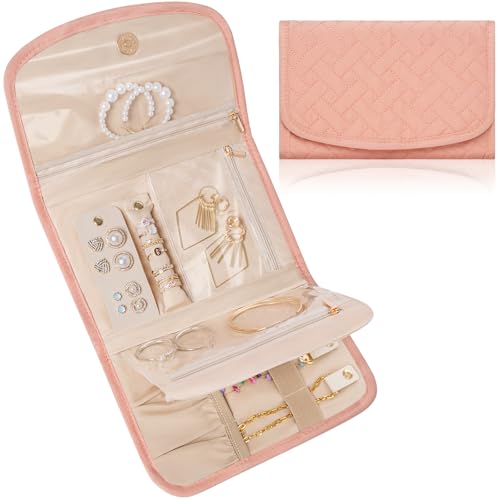Image of Travel Jewelry Holder Organizer Case, Foldable Jewelry Roll Storage Bag for Necklaces Rings Earrings Bracelets, Large, Pink