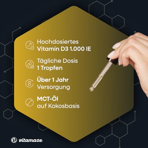 Vitamin D3 Tropfen hochdosiert 1000 IE, 50 ml (1700 Tropfen), Cholecalciferol vegetarisch, hohe Bioverfügbarkeit, Natürliche Nahrungsergänzung ohne Zusatzstoffe, Made in Germany