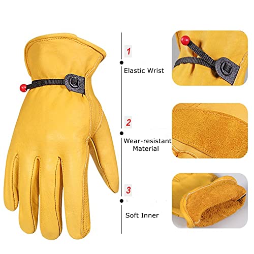 Lyellfe 2 Pairs Leather Work Gloves, Reinforced Gardening Gloves, Yellow Cowhide Work Driving Gloves With Wrist Closure, For Men Women, Gardening, Construction #TOP2