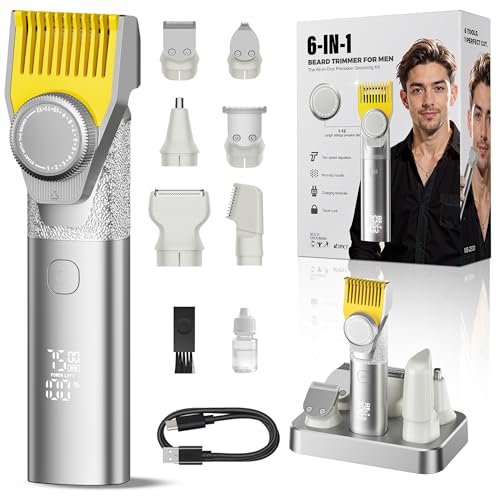 Prettywill Beard Trimmer for Men Cordless, Rechargeable HairClipper with Adjustable Limiting Comb, Travel Lock, IPX7 Waterproof Wet & Dry, 2-Speed,6-in-1 Grooming Kit, Gifts for Menr,Silver&Yellow