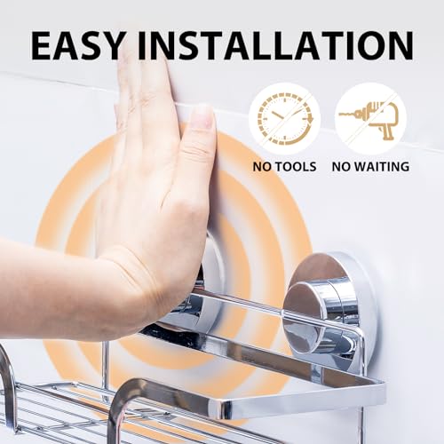 Image of LEVERLOC Shower Caddy Suction Cup 2 Pack, Shower Shelf for Inside, Large Capacity Bathroom Organizers and Storage, Rustproof & Waterproof Metal Bath Basket, No-Drilling, Heavy Duty, Silver
