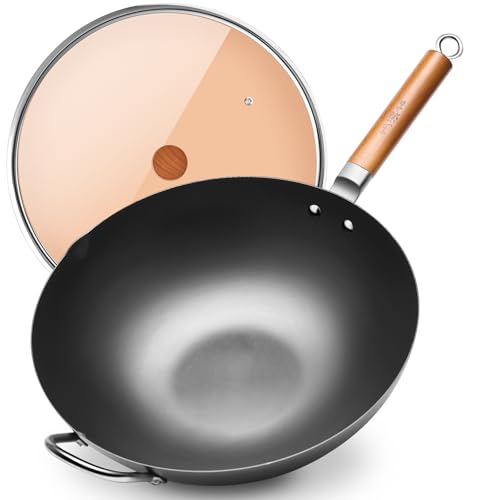 WANGYUANJI Iron Wok,14.2 inch Woks for Stir-fry, Chinese Stir Fry Pan Uncoated, Traditional Flat Bottom Iron Pot for Induction, Electric, Gas, Suitable for All Stoves(Pure Iron Wok)
