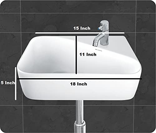 Image of Wash Basin Wall Hung Mounted Glossy Finish White Sink for Bathroom (18 x 11 x 5 Inch)