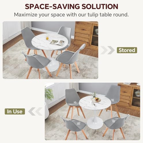 Image of Round Dining Table 31.5 inch Faux Marble White Tulip Table with Pedestal Base for 2-4 People Small Space - Kitchen Living Room Cafe