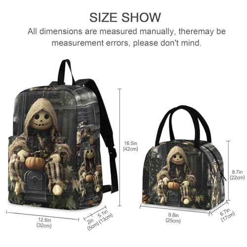 Backpack Lunch Bag Set Cute Scarecrow Halloween Print, Big Storage Travel Backpacks with Insulated Lunch Box for Office Hiking Picnic2
