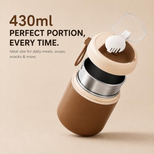 Image of Portable Food Container 430ml with Spoon | Silicone Sealed Lid & Pressure Release Vent | Compact Lunch Pot with Carry Loop for Snacks Meals Office School & Travel - Coffee