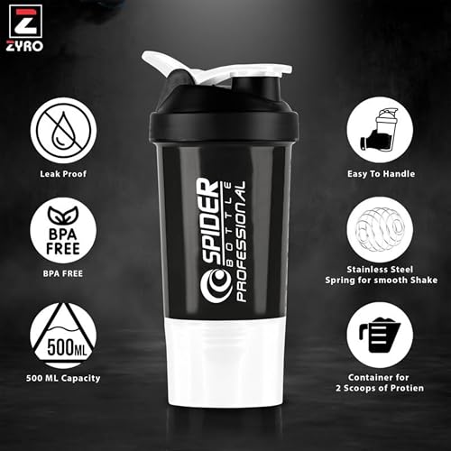 Image of Zyro Spider Gym Shaker Bottle, Shakers for Protein Shake 500 Ml with 1 Storage Compartment Gym protein shaker for workout (Pack of 1,White)