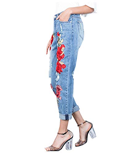 Ladyful Women's Floral Embroidered Jeans Flower Embellished Cropped Straight Leg Jeans Distressed Ripped Denim Pant4