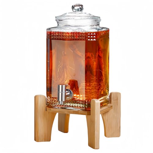 Nizzvlo ドリンクサーバー 無鉛透明厚手ガラス 蛇口付き 大容量 3L/5L/8L 密閉瓶 冷水ピッチャー/冷水筒 台座付き(3L) 醸造瓶・保存容器 梅酒 ジュース ビール 果実水 家庭/パーティー向け (5L,蛇口に台座が付いたタイプ)
