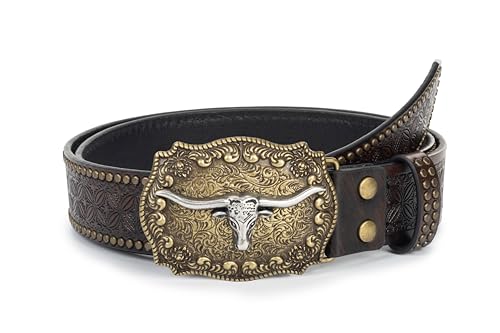 INOGIH Mens and Women Western Cowboy Belt,Vintage Longhorn-Bull-Head Western-Cowgirl-Embossed-Country Belt