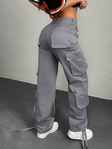 Women's Cargo Pants with Multiple Pockets, Gray Straight Loose Solid Color Casual Pants2