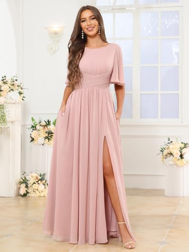 Women's Flutter Sleeve Chiffon Bridesmaid Dress with Pockets Scoop Neck A-line Long Formal Evening Dress with Slit2