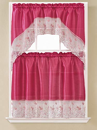 B and H Home Ella Pink Embroidered 3-Piece Kitchen Curtain Window Treatment Set (Ella Pink),tow tier 30 inch x36 inchone swag 60 inch x36 inch