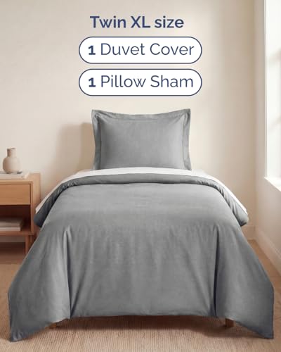 Image of Duvet Cover Twin /Twin XL - 2 Piece Set with Zipper Closure - Heathered Grey | Extra Soft Twin /Twin XL Duvet Cover 68 inch x 90 inch with 1 Pillow Sham, Hotel Luxury w / Zipper Closures & Ties, Comfy & Breathable
