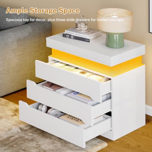Image of TEENFON Nightstands Set of 2, Night Stand with 3 Drawers, Nightstand with App-Controlled Adjustable LED Light, Bedside Table with Slidable Hidden Storage Space, Modern Nightstands for Bedroom,White