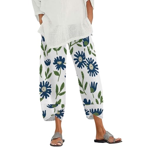 Womens Floral Print Wide Leg Palazzo Pants Cotton Linen Summer Beach Trousers with Elastic High Waist Pockets