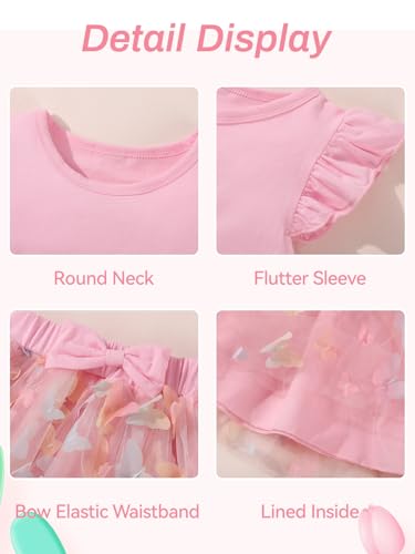 Image of Girls Tulle Skirt Set Kid Toddler Girl 2 Piece Outfits Ruffle Sleeve T-Shirt Bowknot Tutu Dress Birthday Party Outfit