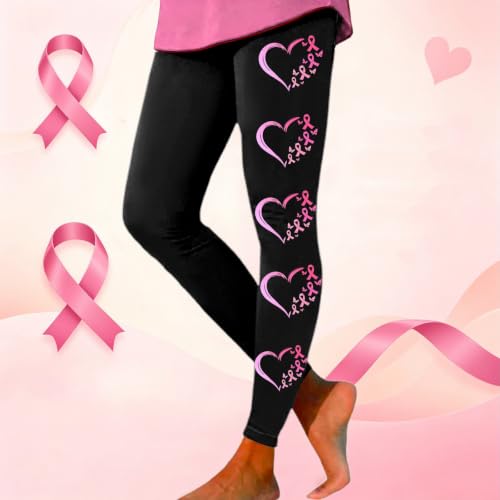 Cxquxse Breast Cancer Awareness Leggings for Women Pink Ribbon Stretchy Yoga Pants Elastic High Waisted Soft Athletic Tights Black, L - image 2