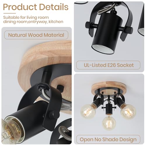 Image of 3-Light Round Flush Mount Ceiling Light,Rustic Ceiling Track Lighting with Wooden Base, Adjustable Multi-Directional Kitchen Light fixtures for Dining Room Hallway Entryway Bedroom.
