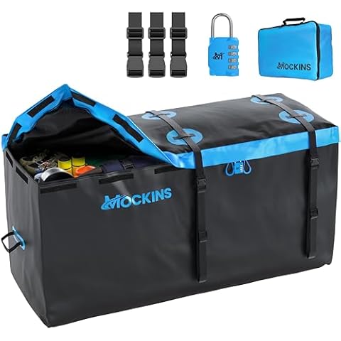 Mockins 25 Cu Ft Trailer Hitch Cargo Carrier Truck Bed Cargo Bag |60"x31"x24" Waterproof Truck Bed Storage Truck Bag |Weatherproof Vinyl Vehicle Soft-Shell Carriers | Hitch Mount Cargo Carrier Bag Set Cover