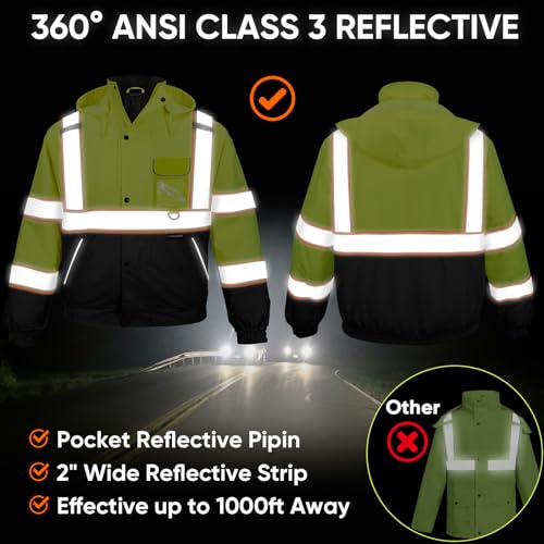 TICONN Waterproof Safety Bomber Jacket, Hi Vis Reflective Rain Jacket, ANSI Class 3 Work Rain Coat for Men Women - Image 6