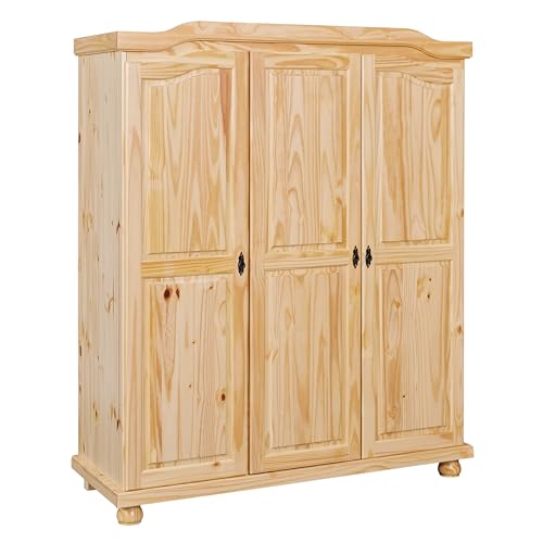 Inter Link - Kleiderschrank - Kiefer massiv - Garderobenschrank - Landhaus Still - Wäscheschrank - Mehrzweckschrank - Schlafzimmerschrank - 3 Türig - Natur lackiert - Bern