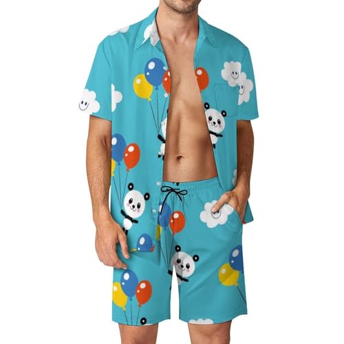Chemise Hawaïenne Hommes Panda et Ballon Ensemble 2 Pièces Tenue de Plage Été Décontractée S