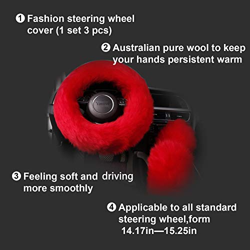 Yontree Fashion Fluffy Steering Wheel Covers for Women/Girls/Ladies Australia Pure Wool 15 Inch 1 Set 3 Pcs (Red)