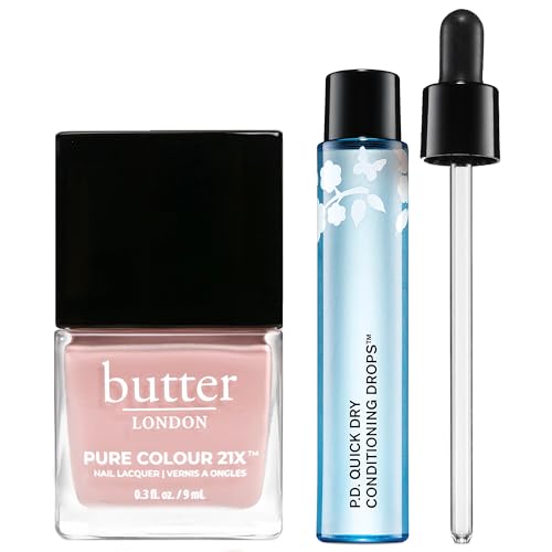 butter LONDON PC21X Nail Lacquer Polish & Quick Dry Conditioning Drops Cuticle Oil Bundle - Piece of Cake