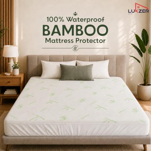Image of Lukzer 100% Waterproof Natural Bamboo Mattress Protector Queen Size 72 inch x 60 inch inch | 360 Elasticated fit, Breathable, Hypoallergenic, Noiseless, Ultra-Soft Fitted Bed Protector /Deep Pocket Bed Cover
