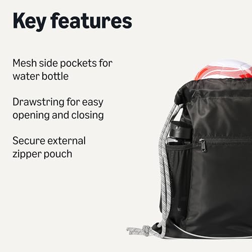 Image of Amazon Basics Drawstring Lightweight Gym Bag Soccer Backpack with Zipper Pouch, Mesh Side Pockets for Water Bottle, Large, Black
