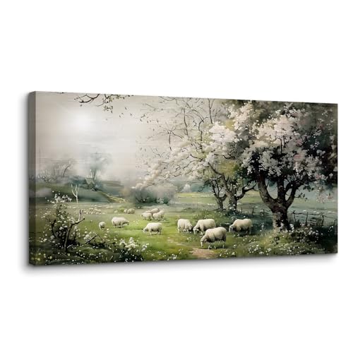 crmotu Large Landscape Wall Art, Nature Wall Art, Farm Pictures Wall Decor, Meadow Sheep Aesthetic Art Prints, Cherry Blossom Tree Wall Paintings for Living Room Bedroom Farmhouse Cottage 24"X48"