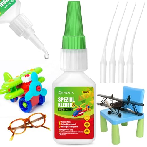 INSOIA - Kunststoffkleber Extra Stark Wasserfest – 30g Set Mit Sekundenkleber & Anti-Austrocknung – Super Spezial Klebespitzen für Kunststoff, Modellbau– Plastik Kleber ultra Transparent & HitzebestäNdig - -25%