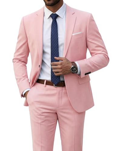 YND Men's 2 Piece Suit with Tie, One Button Slim Fit Solid Jacket and Pants Set, Suits for Men Prom Party Wedding & Business, Light Pink
