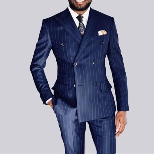 Mens Striped Male Suit Formal Casual Wedding 2 Pieces Business Peak Lapel Double Breasted Blazer with Pants4