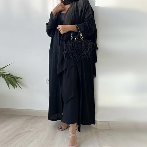 Image of Open Abayas Kimono Muslim Women Cardigan Maxi Dress and pants Set Islamic Clothing Dubai Saudi Robe