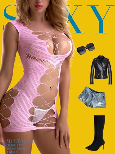 Image of Sexy Lingerie for Women Fishnet Halter Chemise Deep V Hot Mesh Mini Dress Bodysuit Valentine's Day Stripper Outfits