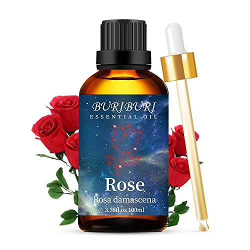 Image of BURIBURI Rose Essential Oil 100ML Gifts Set 100% Pure Natural Undiluted Aromatherapy Rose Oil 3.38fl.oz for Soap, Candle Making, Massage, Diffuser, Humidifier