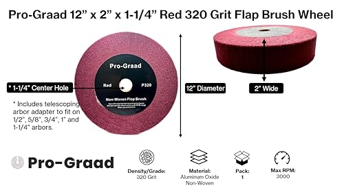 Image of 12 inch x 2 inch x 1-1 /4 inch Red Bench Grinder Polishing Wheel Flap Brush, 320 Grit, Tight Weave, Great for refurb of Golf Clubs and Metal, Non-Woven Wheel for Copper, Metal, Finishing, and Burnishing