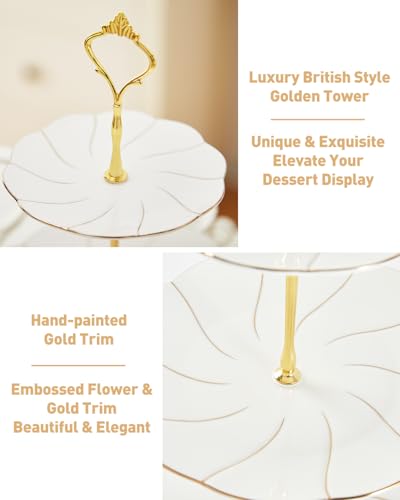DUJUST Luxury Porcelain 3-Tier Cupcake Stand Tower, British Style Serving Tray with Golden Trim, Food Grade Dessert Display Stand, Beautiful Gift for Tea Party & Home Décor - Image 5